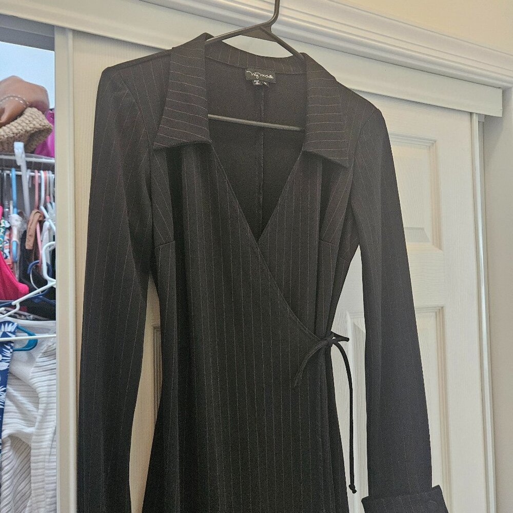 black pinstriped wrap dress